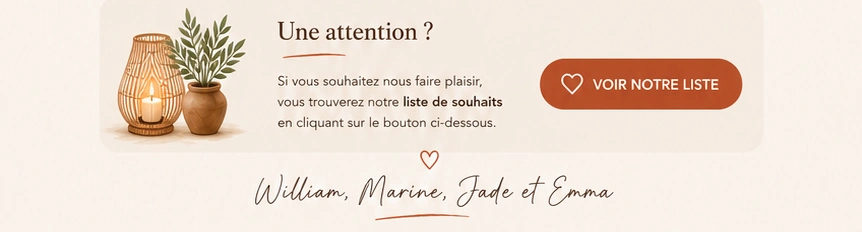 Une attention ? Liste de souhaits, puis signature William, Marine, Jade et Emma
