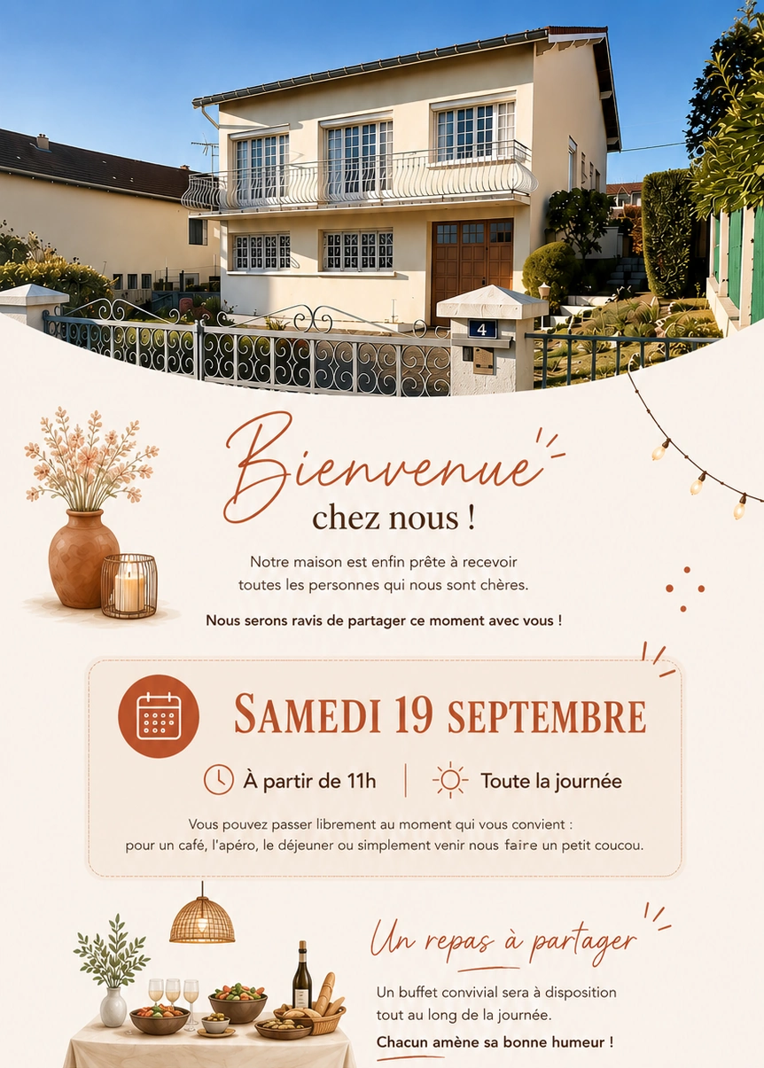 Invitation de crémaillère : maison, bienvenue, date du samedi 19 septembre à partir de 11h et buffet convivial